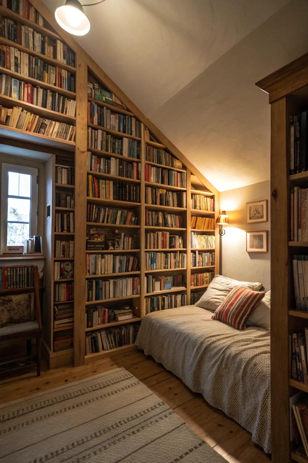 A library wall can be a book lover's dream realized in a bedroom.