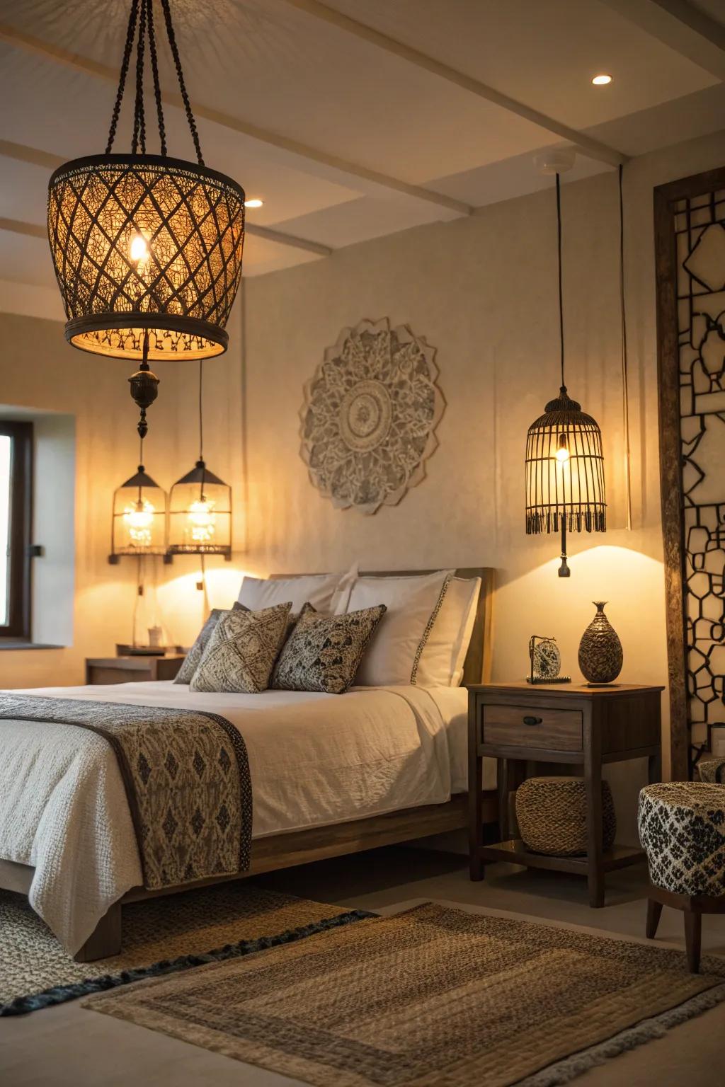 Layered lighting enhances both ambiance and functionality in the bedroom.