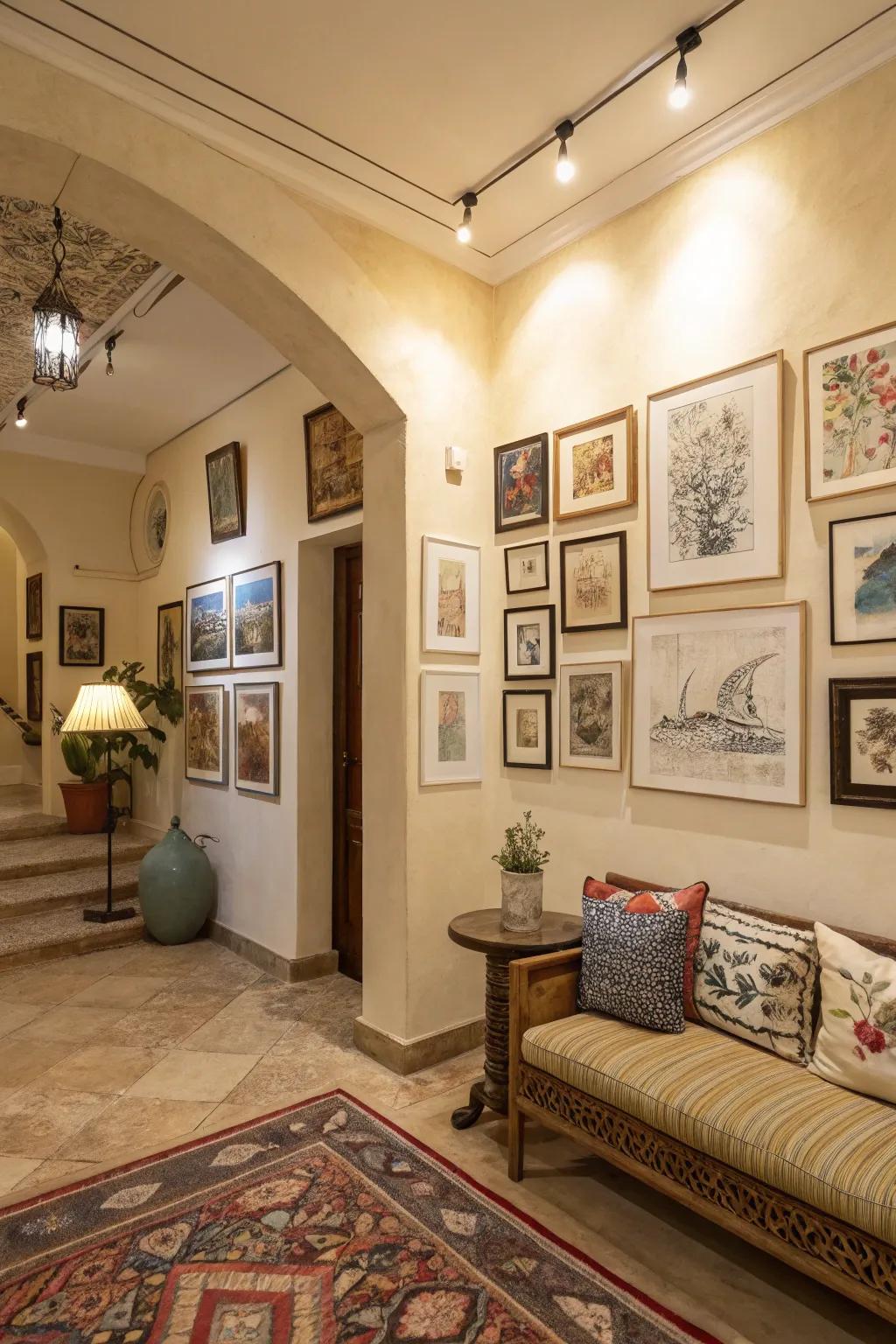 Artistic wall hangings bring vitality and individuality to the beige room.