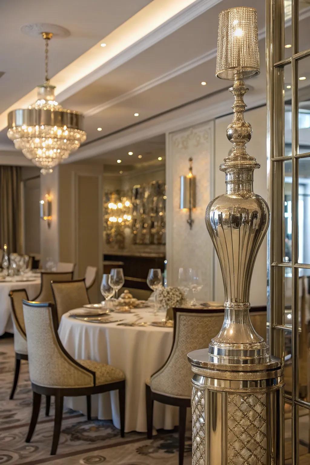 Steel accents give dining rooms glitz and reflect light.