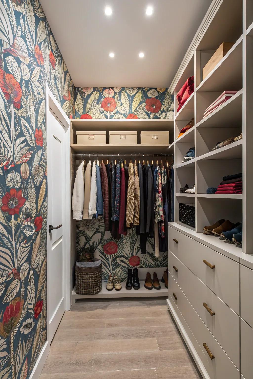 A closet displaying a striking statement feature incorporating unique wallpaper.