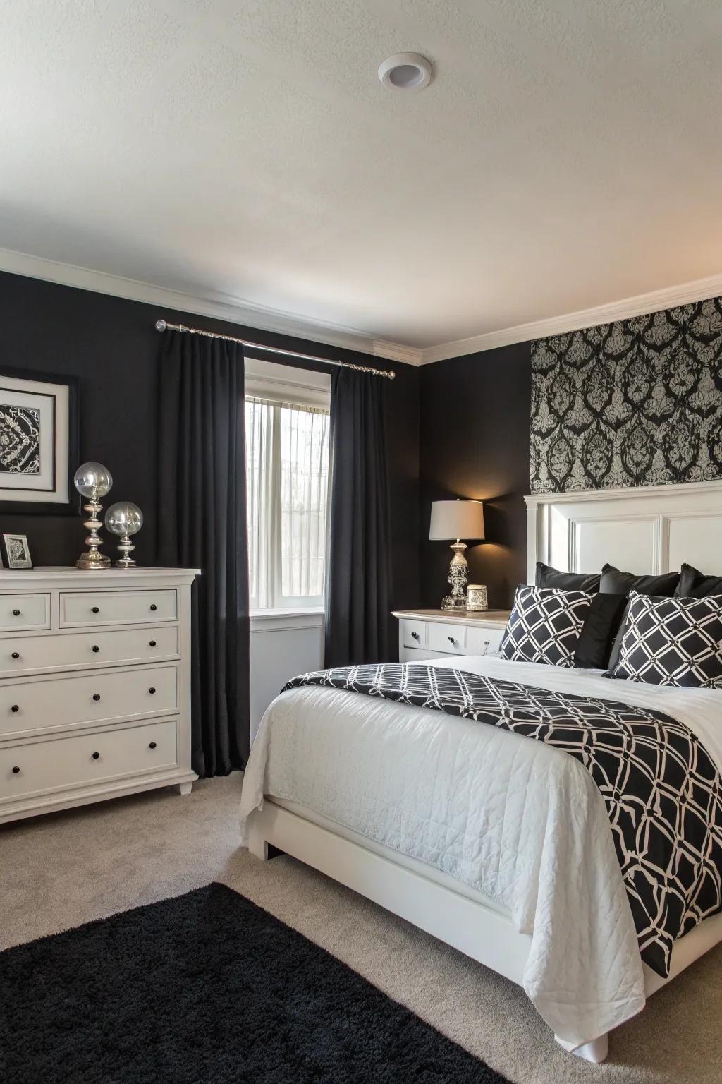 Monochrome tones create a sophisticated look with a black accent wall.