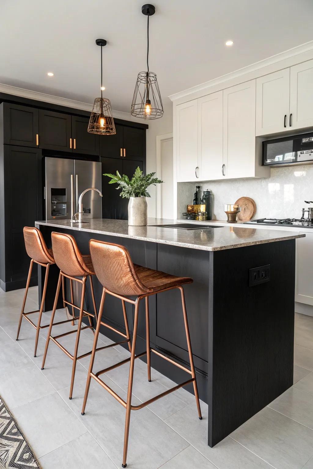 Copper breakfast stools add a chic touch to a current black kitchen.