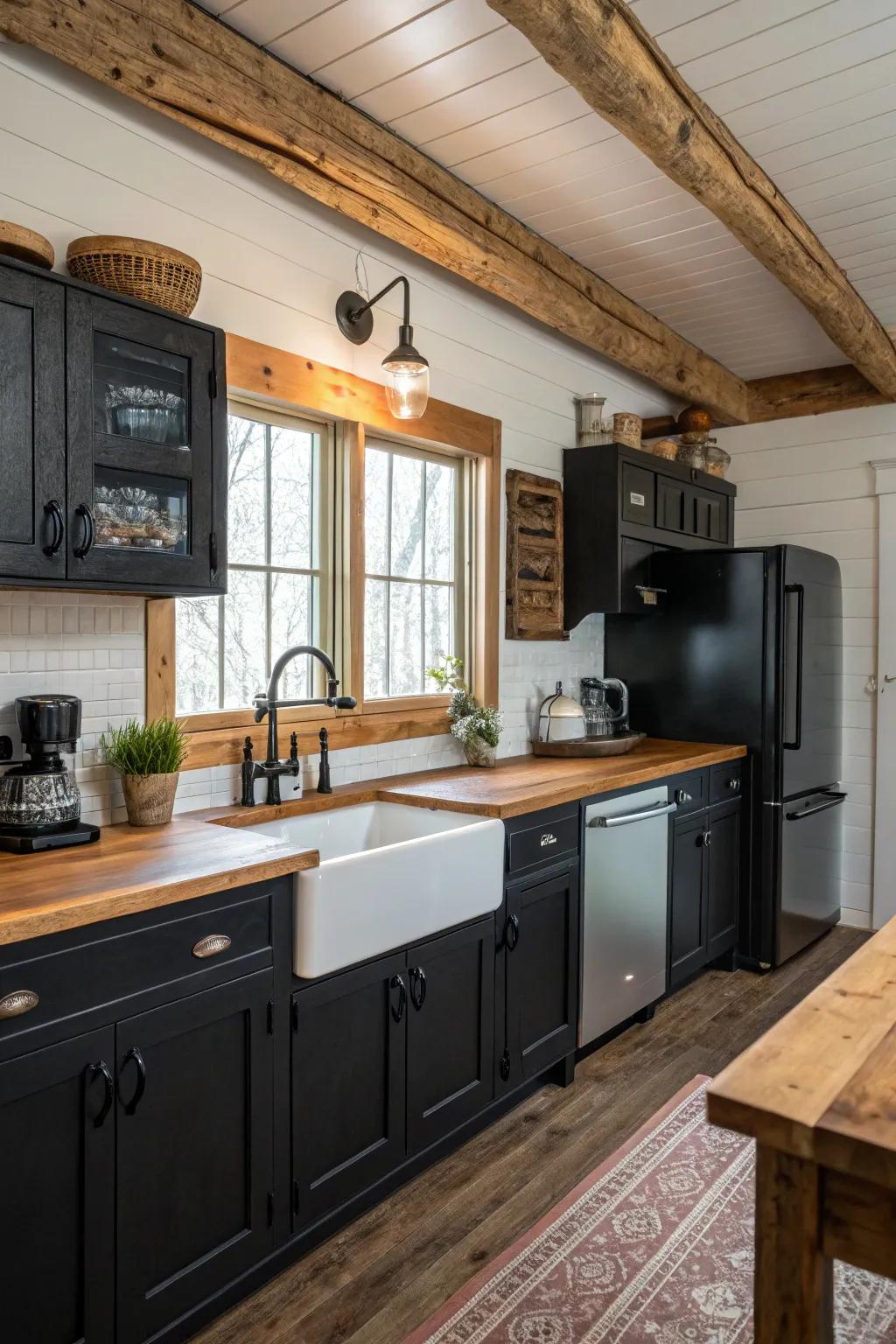 Dark elements with rustic components proffer a contemporary twist.