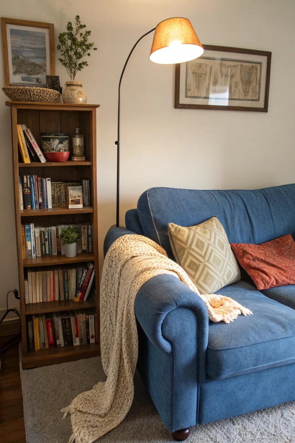 A perusing nook offers a peaceful haven in the family room.