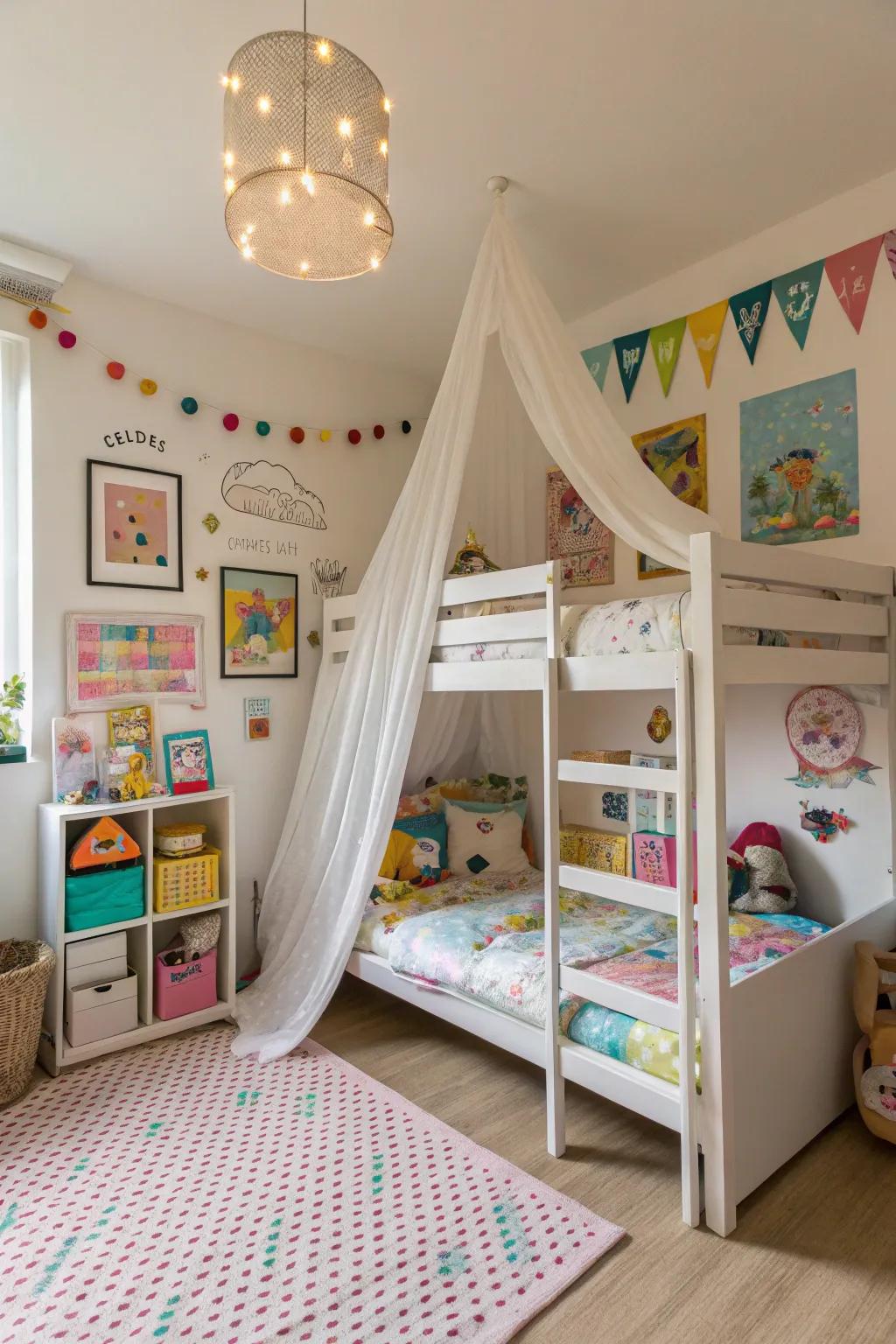 A ceiling canopy gives the shared space a dreamy touch.