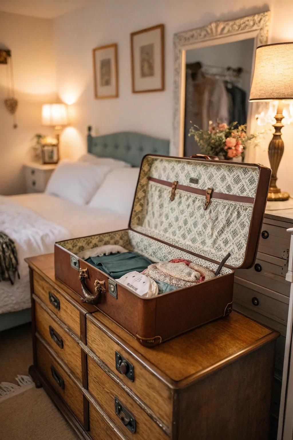 Add personality with a vintage suitcase for bra storage.