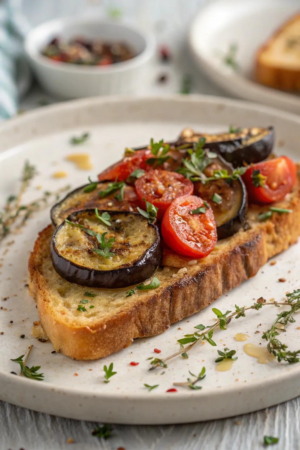 Mediterranean-inspired toast with purple vegetable and tomato.