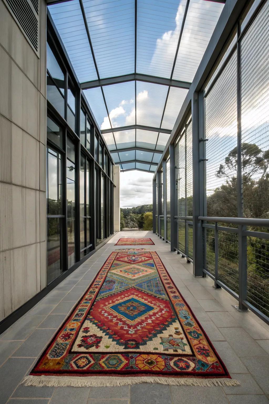 An eclectic rug that adds warmth and character to the breezeway.
