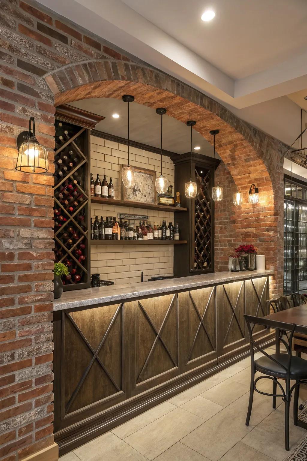 A custom wine rack blends seamlessly into a brick wall bar.