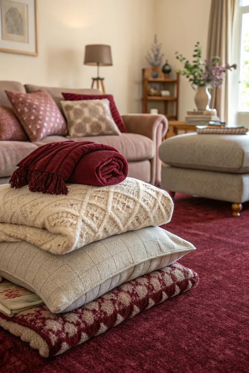 Gentle furnishings layered upon a scarlet floor covering fashion a personal sanctuary.