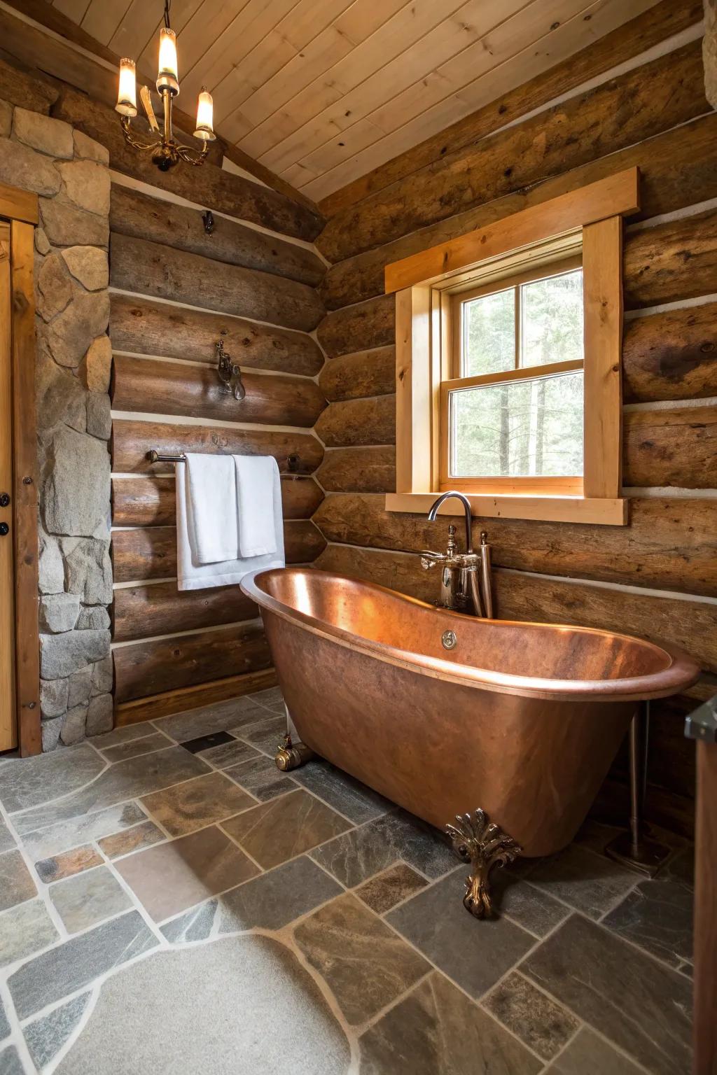 A log cabin washroom using a copper lined clawfoot tub as a focal point.