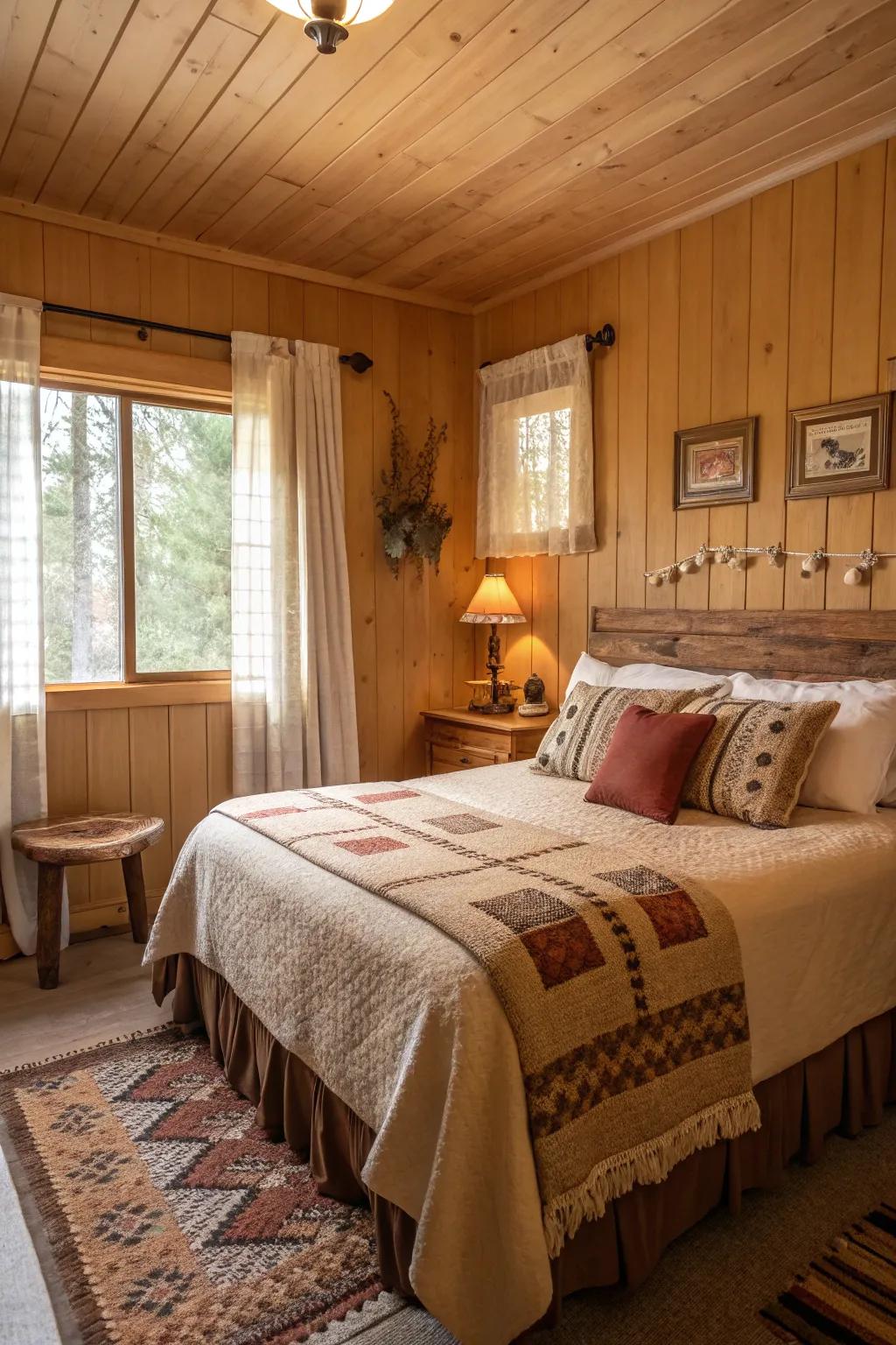 A cabin bedroom styled with cozy natural shades and snug decor.