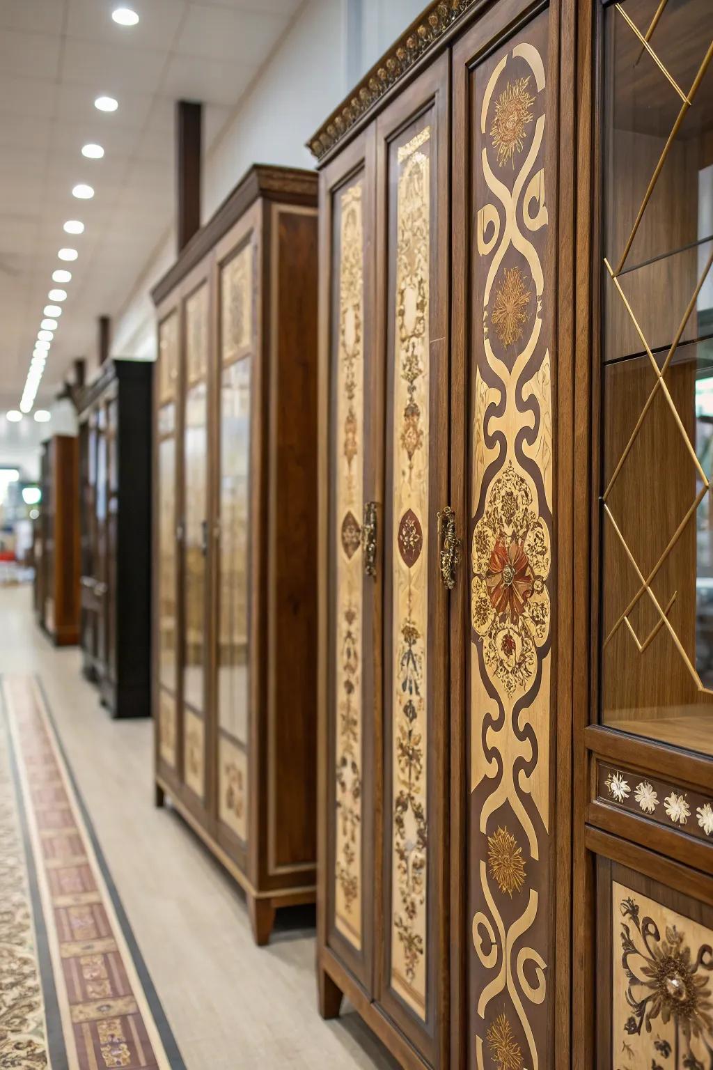 Marquetry overlays offer an artistic and luxurious cabinet touch.