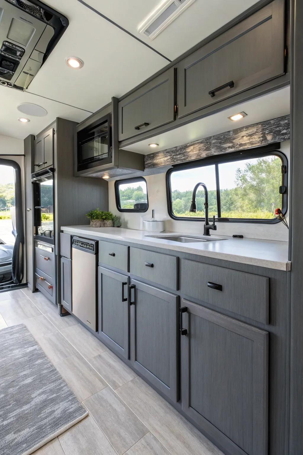 Charcoal gray cabinets provide a polished look.