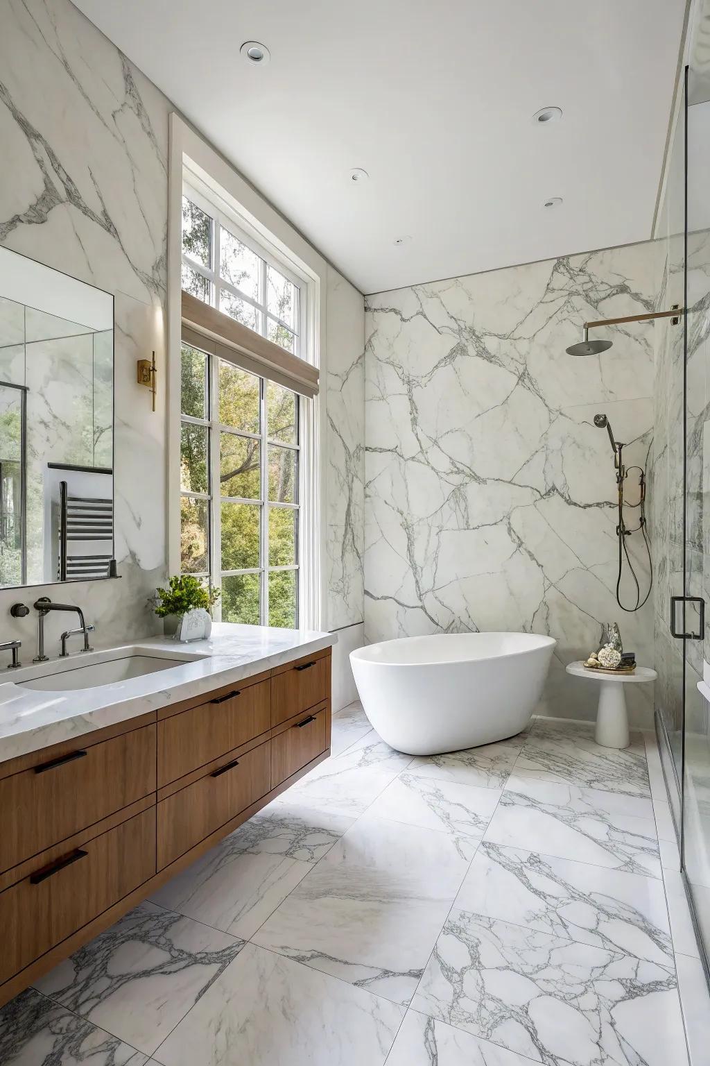 A grand bathroom design with Luminous Argento marble tiles extending from walls to the ceiling.
