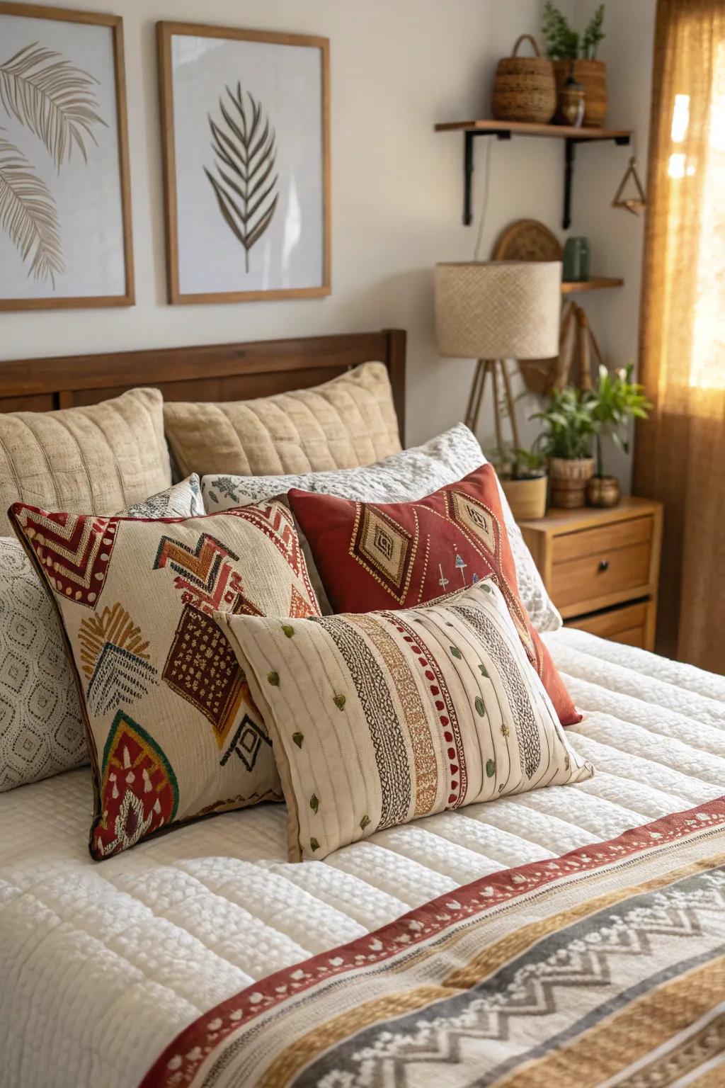 This bedroom features an assortment of decorative pillows in various patterns and textures.