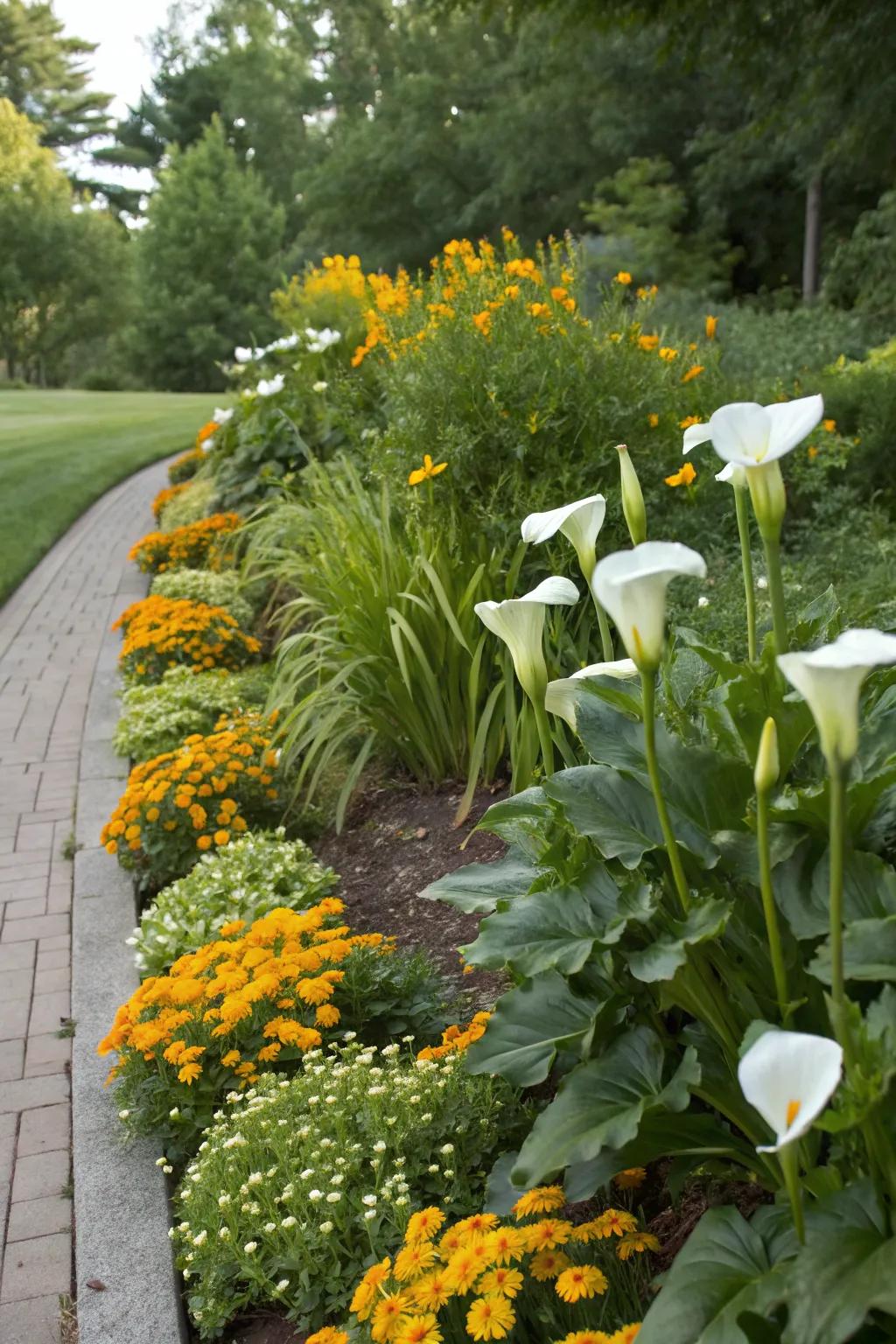 Companion planting with calla lilies crafting a lively and spirited border.