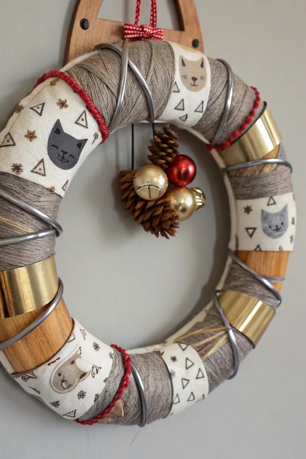 A diverse intermixed material feline wreath for creative articulation.