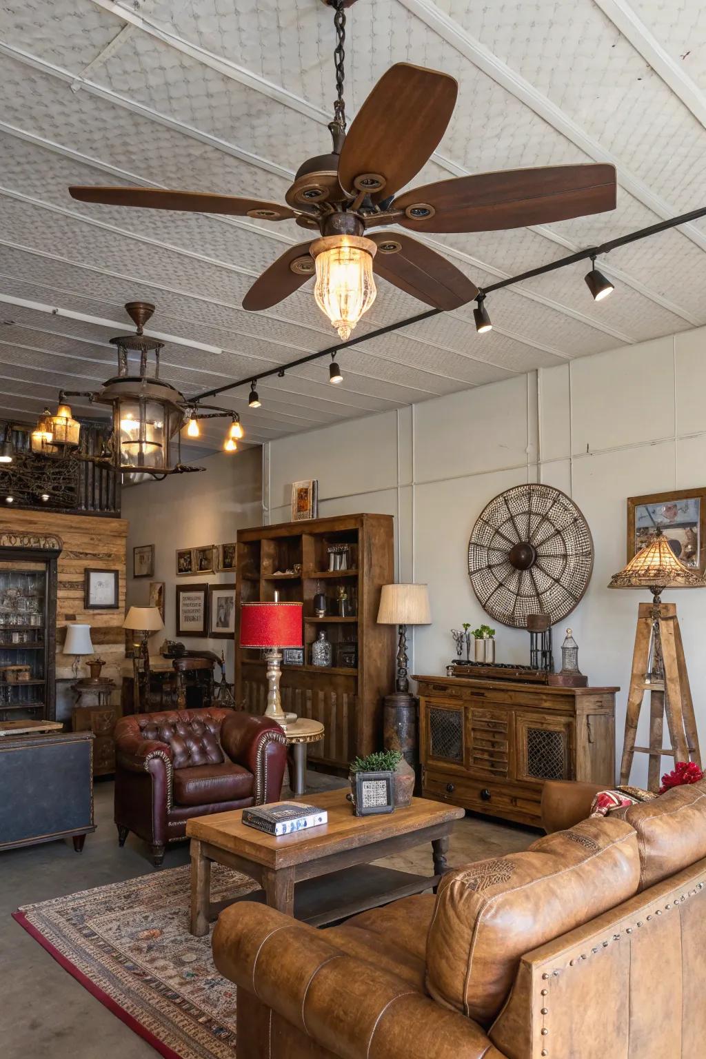 Blend styles through a vintage industrial air circulator.