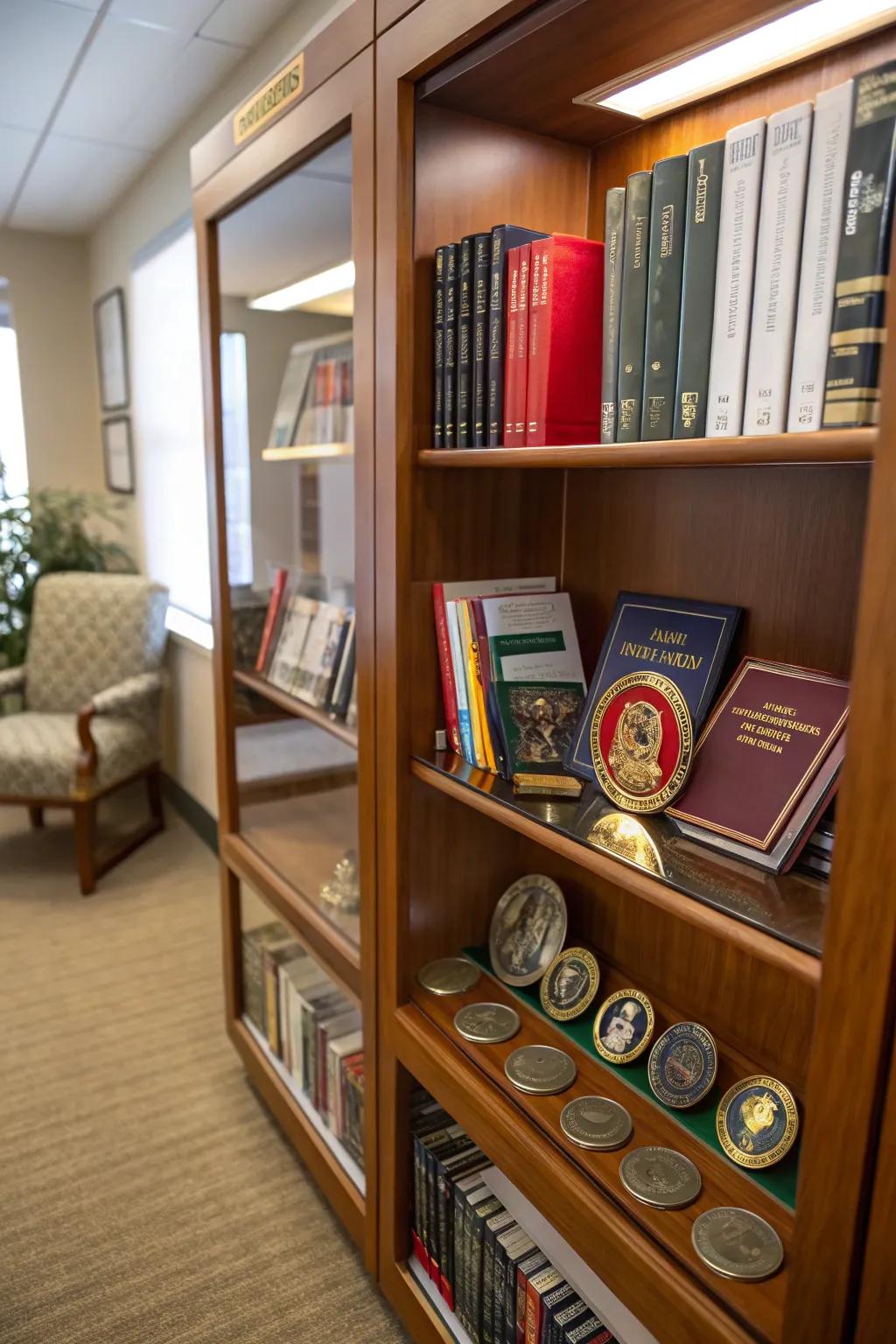 Integrating coins into bookshelves offers a seamless and intellectual display.