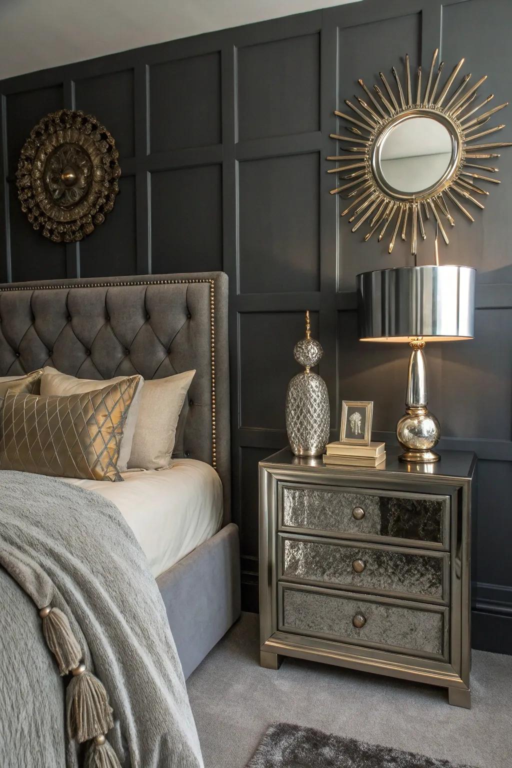 Glamorous metallics complement deep slate interiors.
