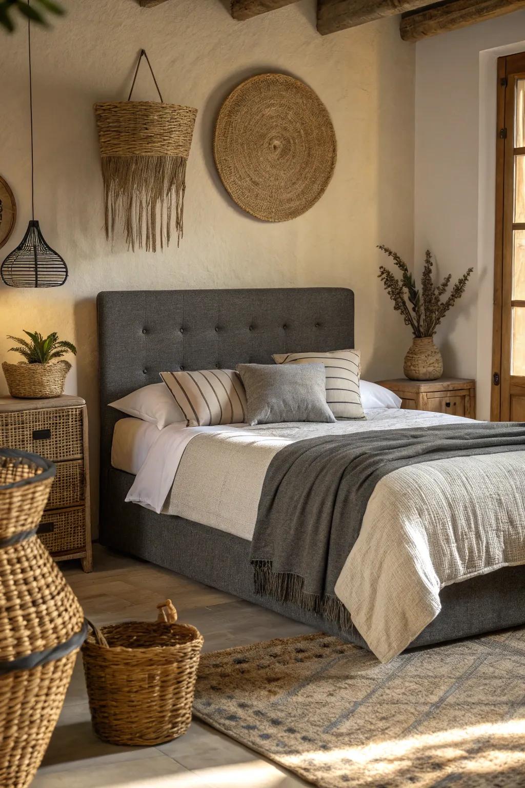 Authentic structures harmonize beautifully with a charcoal grey headboard.