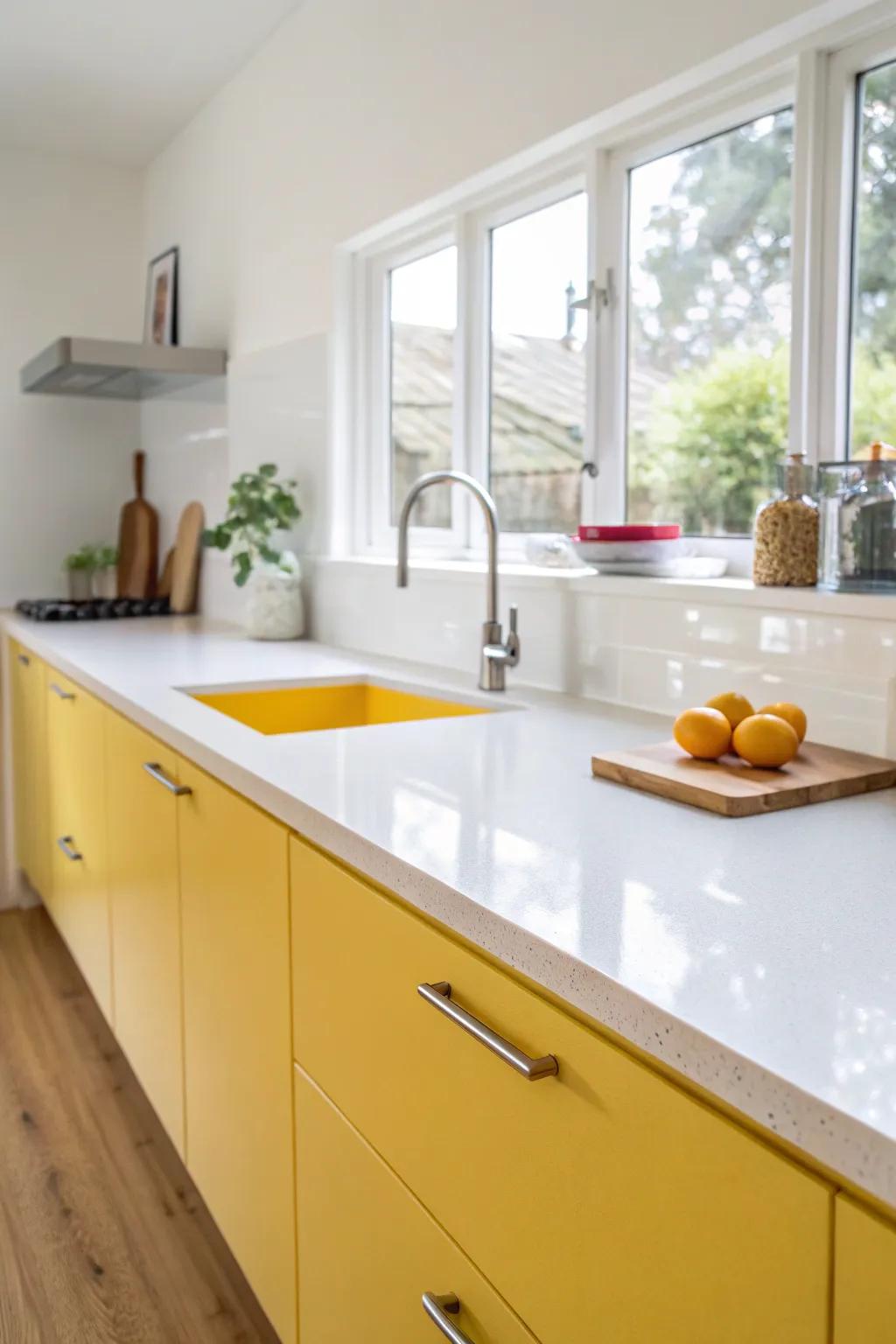 A modern kitchen showcasing even acrylic countertops.