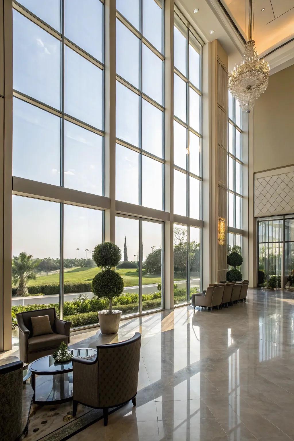 Floor-to-ceiling windows bringing natural light into the entrance hall.