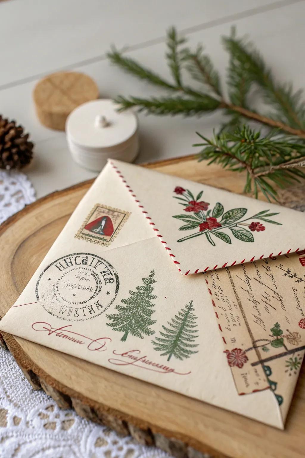 Step back in time with a festive vintage card envelope, where holiday imprints tell a story of yesteryears.