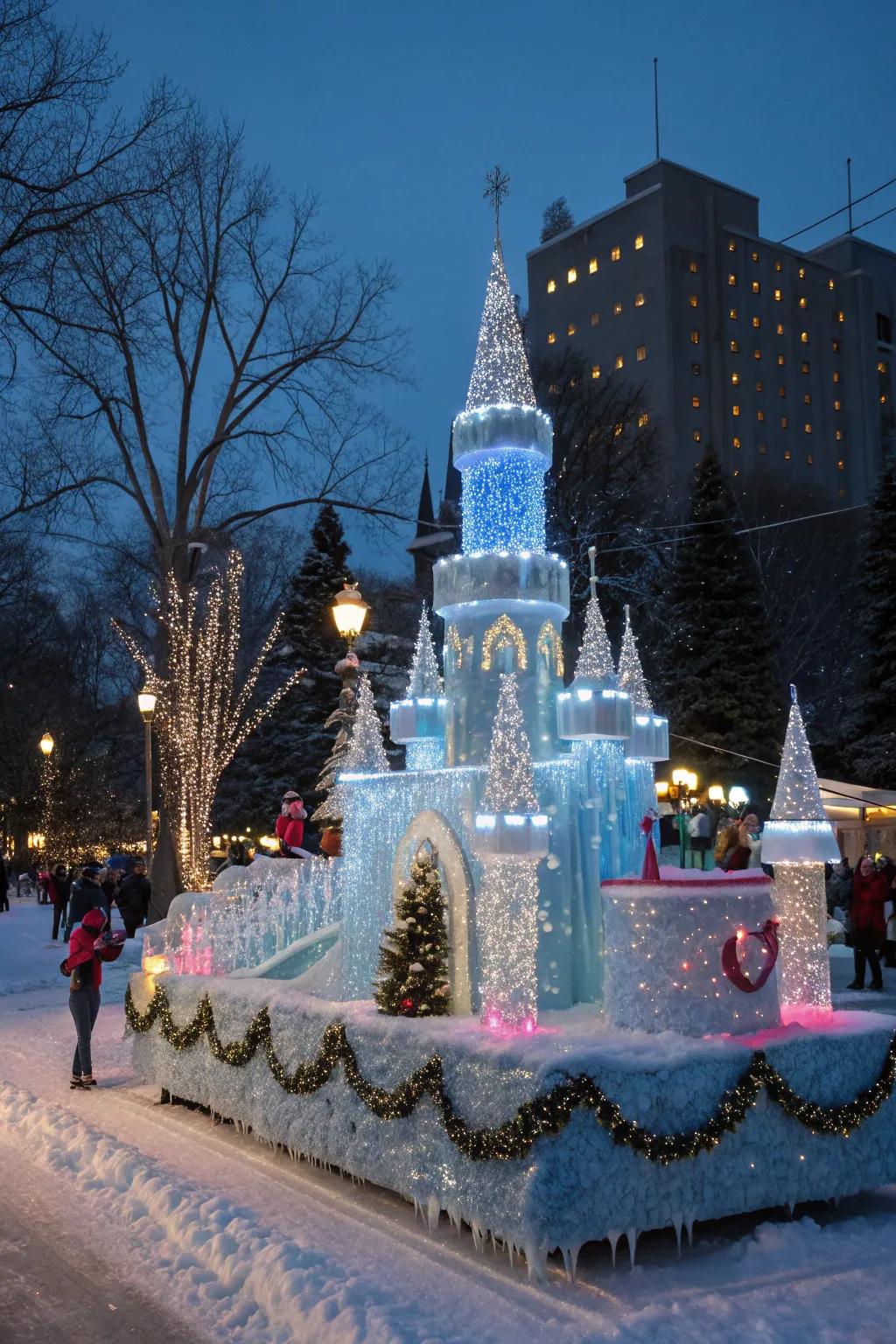 A majestic Whimsical Ice Fortress parade entry, straight from a winter fairytale.