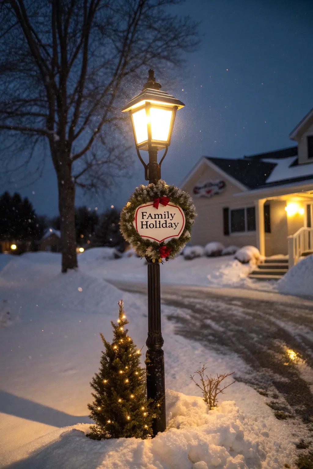 A family sign relays festive greetings on a lamp post.