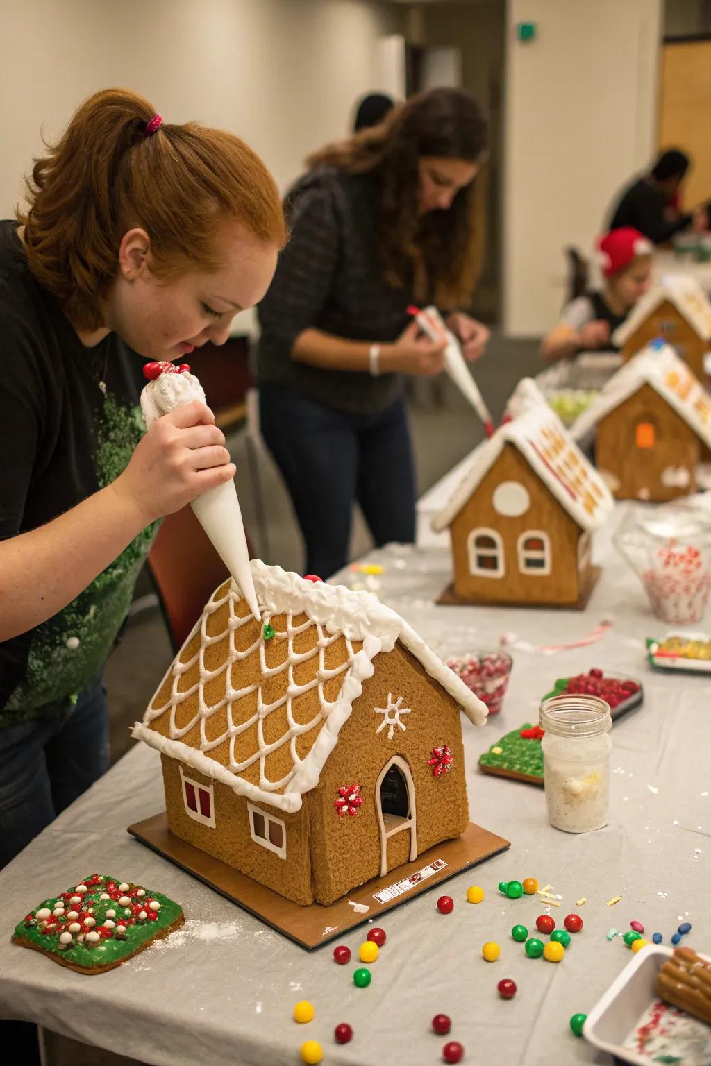 Gingerbread edifice constructing bout exhibiting ingenuity and celebratory essence.