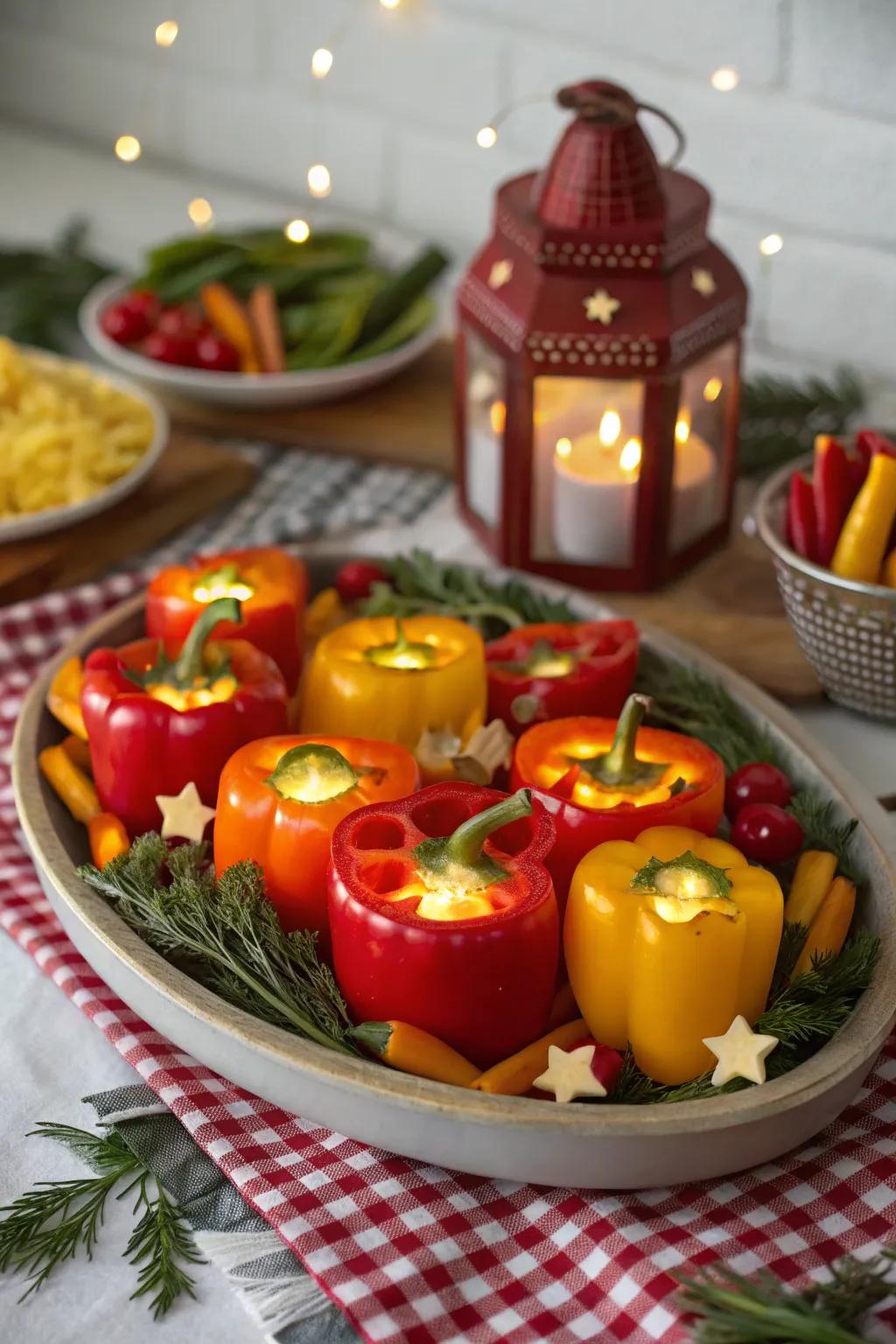 A festive lantern veggie tray, casting a warm holiday glow that enchants.
