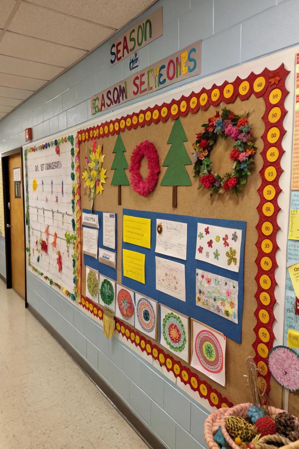 An announcement board adorned with seasonal project display results.