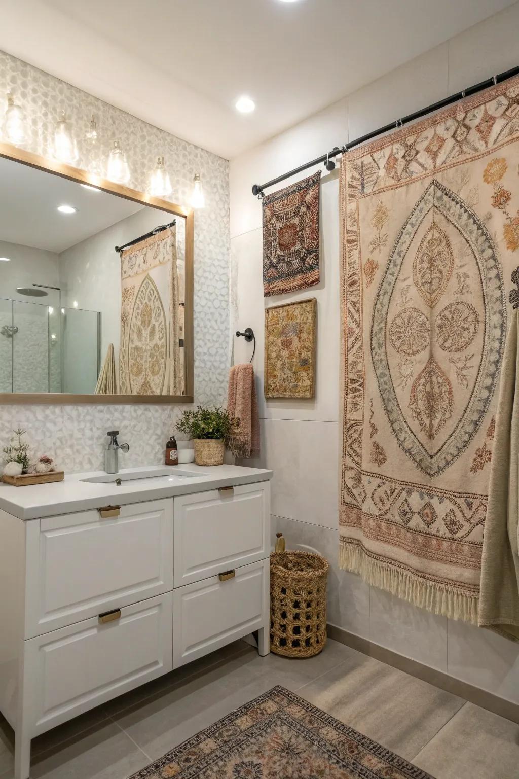 A bathroom that has fabric art, adding warmth and texture for a cozy feel.