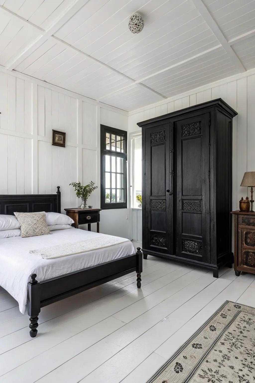 Snow-white floors contrast with dark furniture for a breezy and bright sensation.