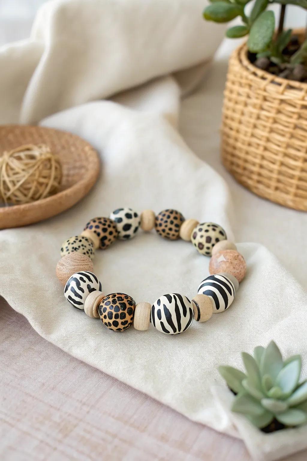 Unleash your wild side with this stunning animal print clay bead bracelet, where simplicity meets untamed elegance.