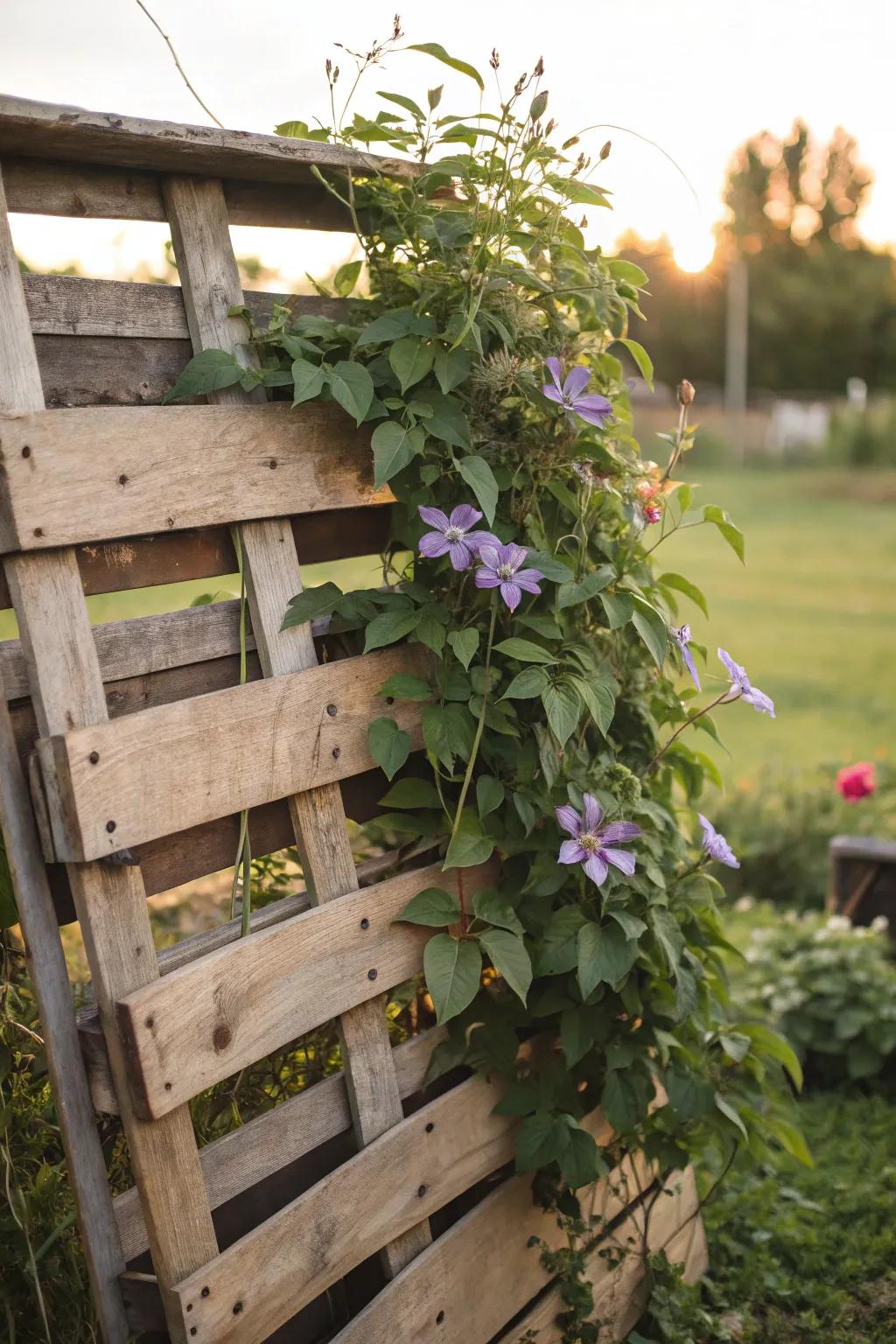A cargo deck trellis extends an eco-friendly, rustic assistance for clematis.