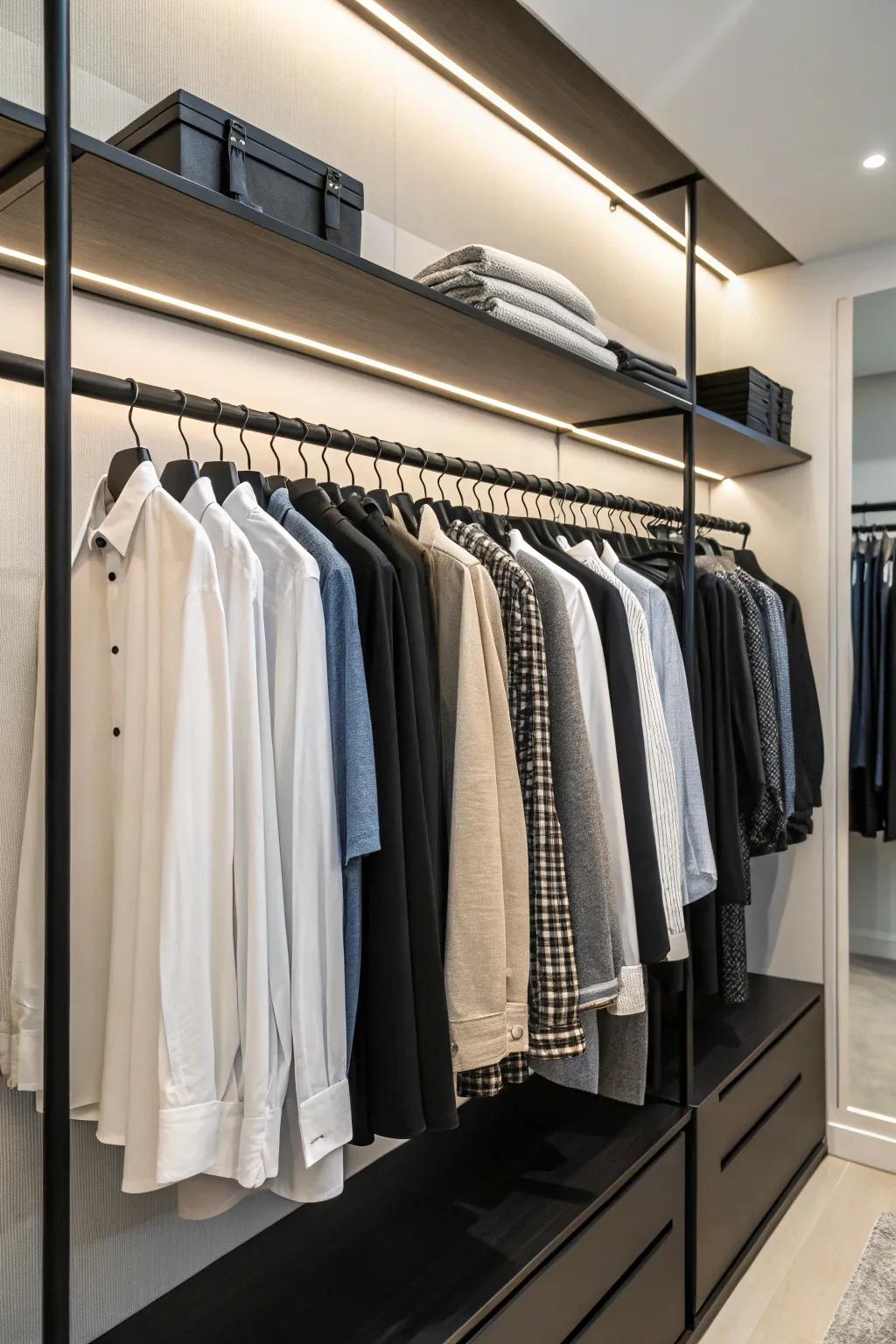 Black matte rods bring a sense of modern sophistication and understated style to any closet design.