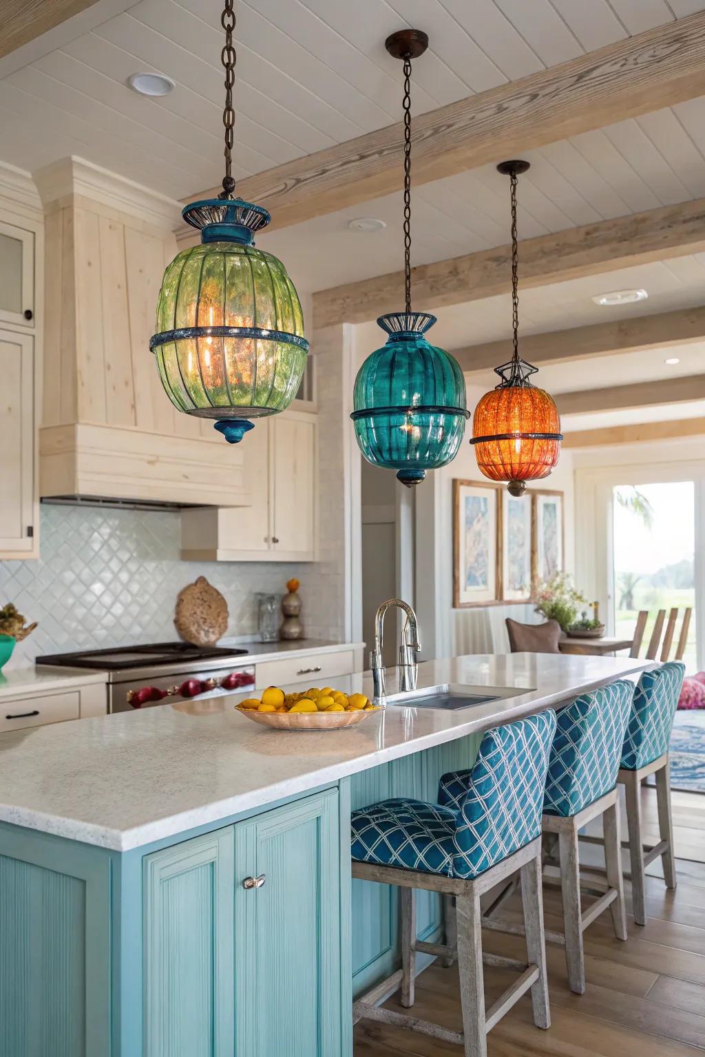 Bright glass drops add a playful pop to your coastal kitchen.