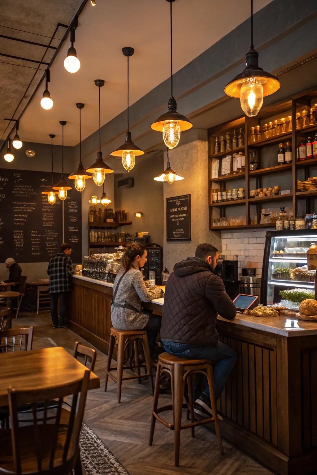 Pendant lights establish a warm coffee bar ambiance.
