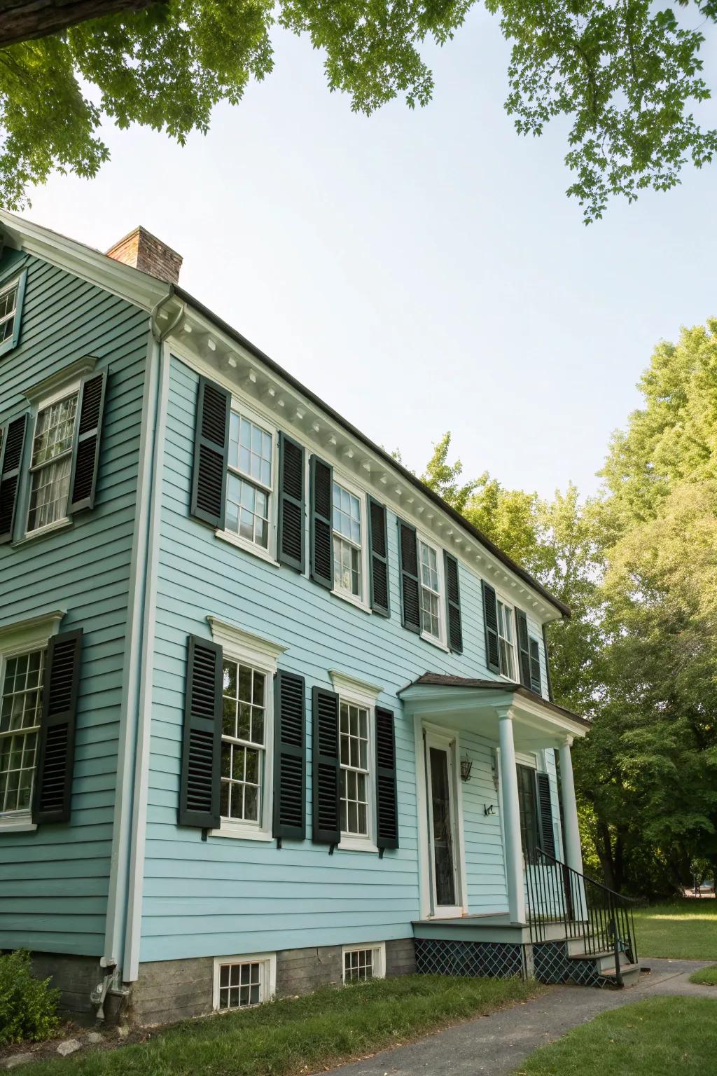 An elegantly understated colonial house with light azure siding and onyx window coverings.