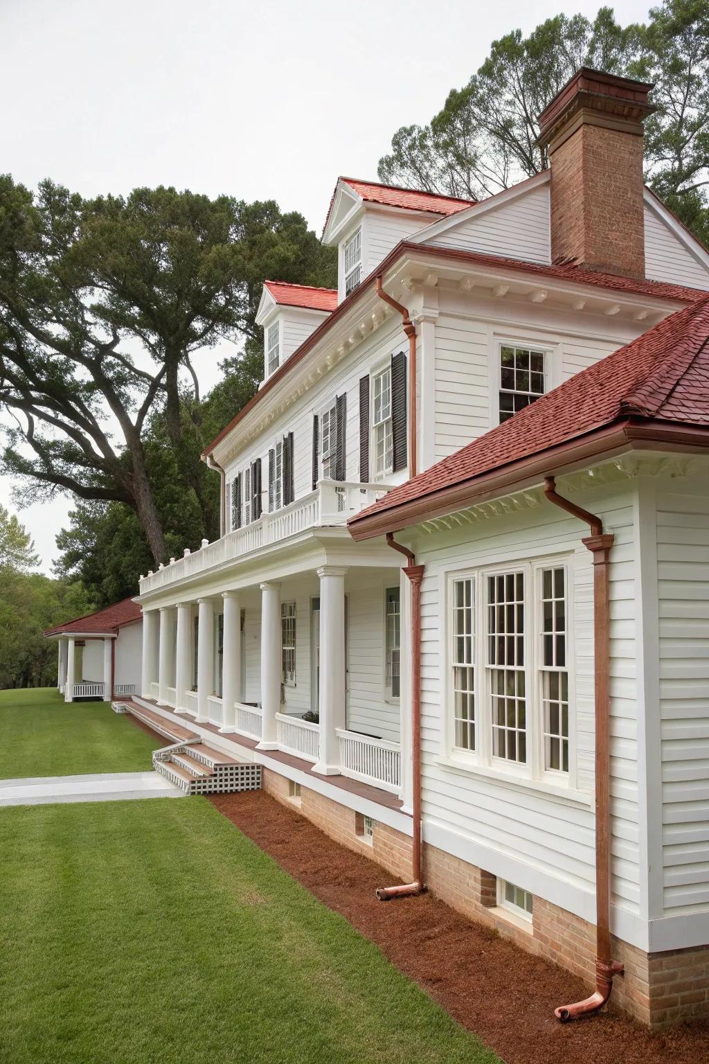 Colonial-style home with metal gutters.