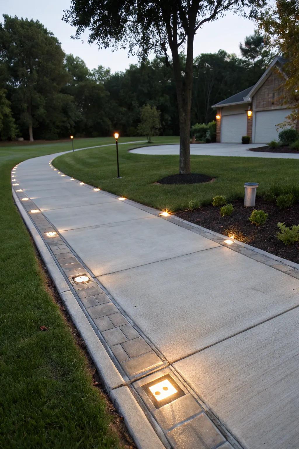 Elegant lighting features that illuminate and beautify this driveway, creating a warm and inviting atmosphere.