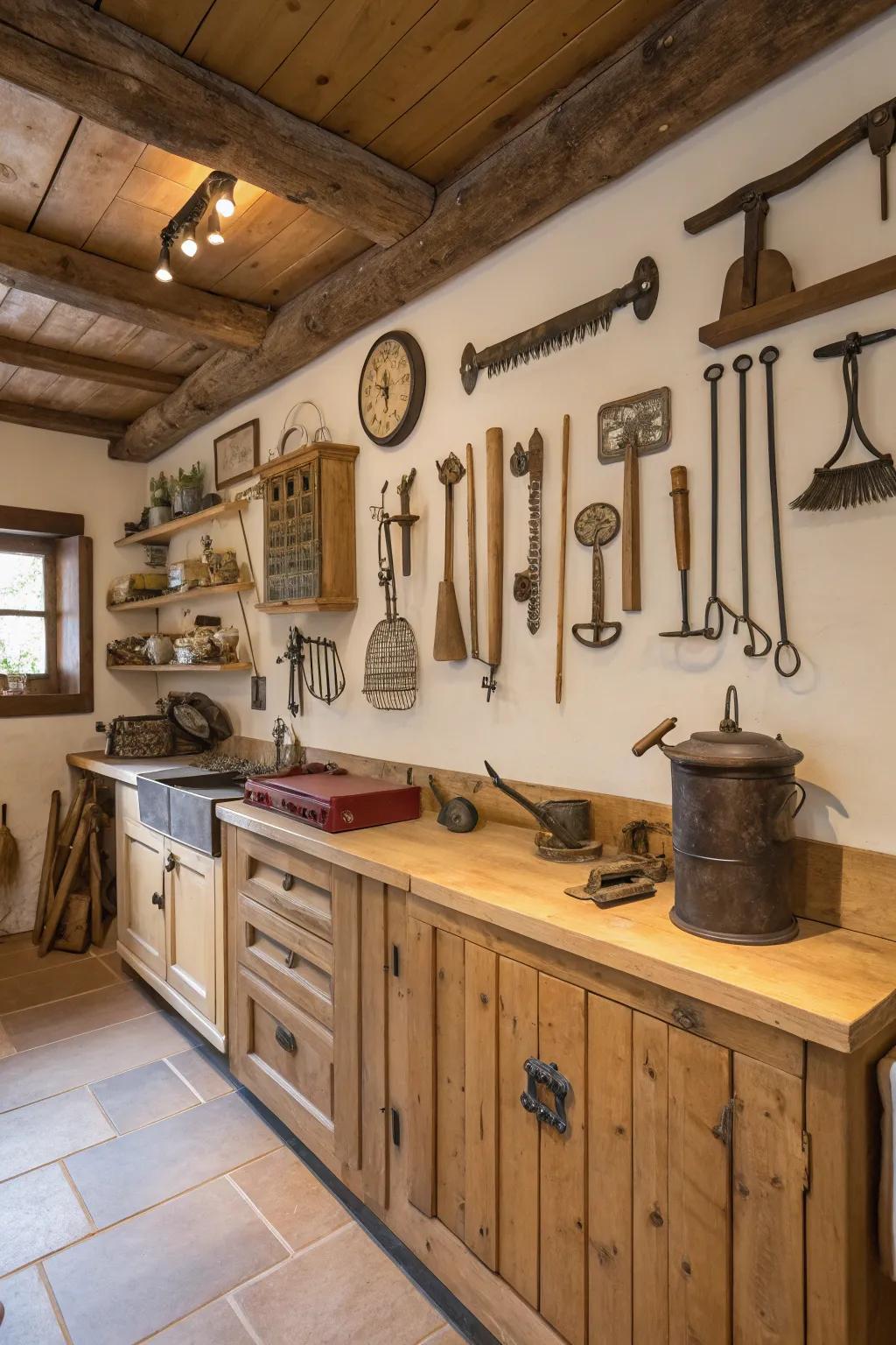 Timeless farming devices contribute historic charm within your design.
