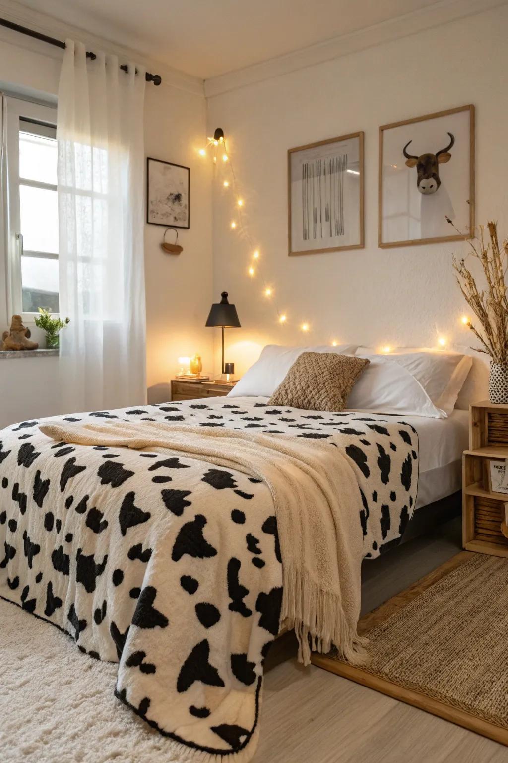 A cow print blanket adds warmth and style to any bedroom.