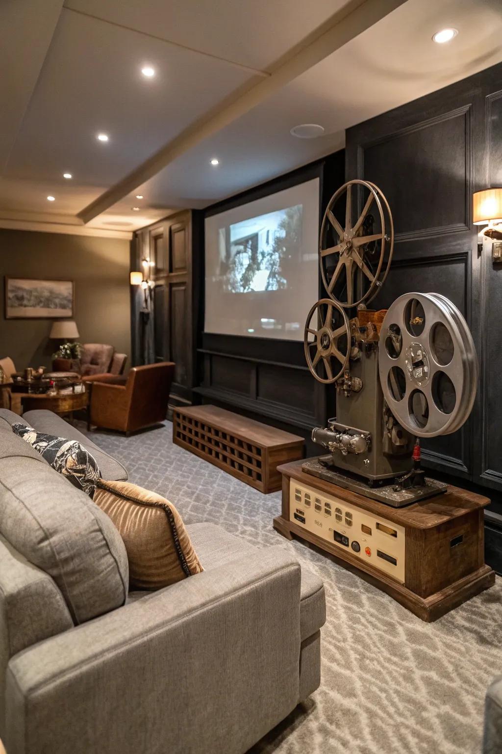 Vintage elements enhance the nostalgic appeal of your film sanctuary.