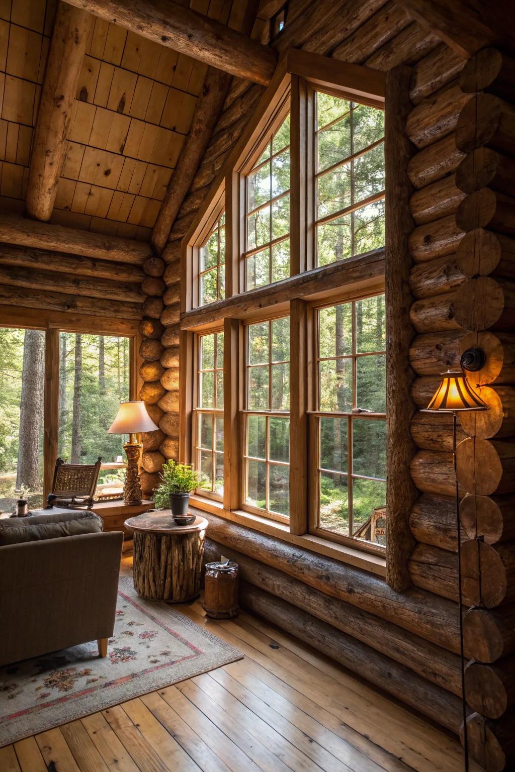 Tree trunk window frames add a unique touch to the cabin's design, creating a seamless connection with nature.