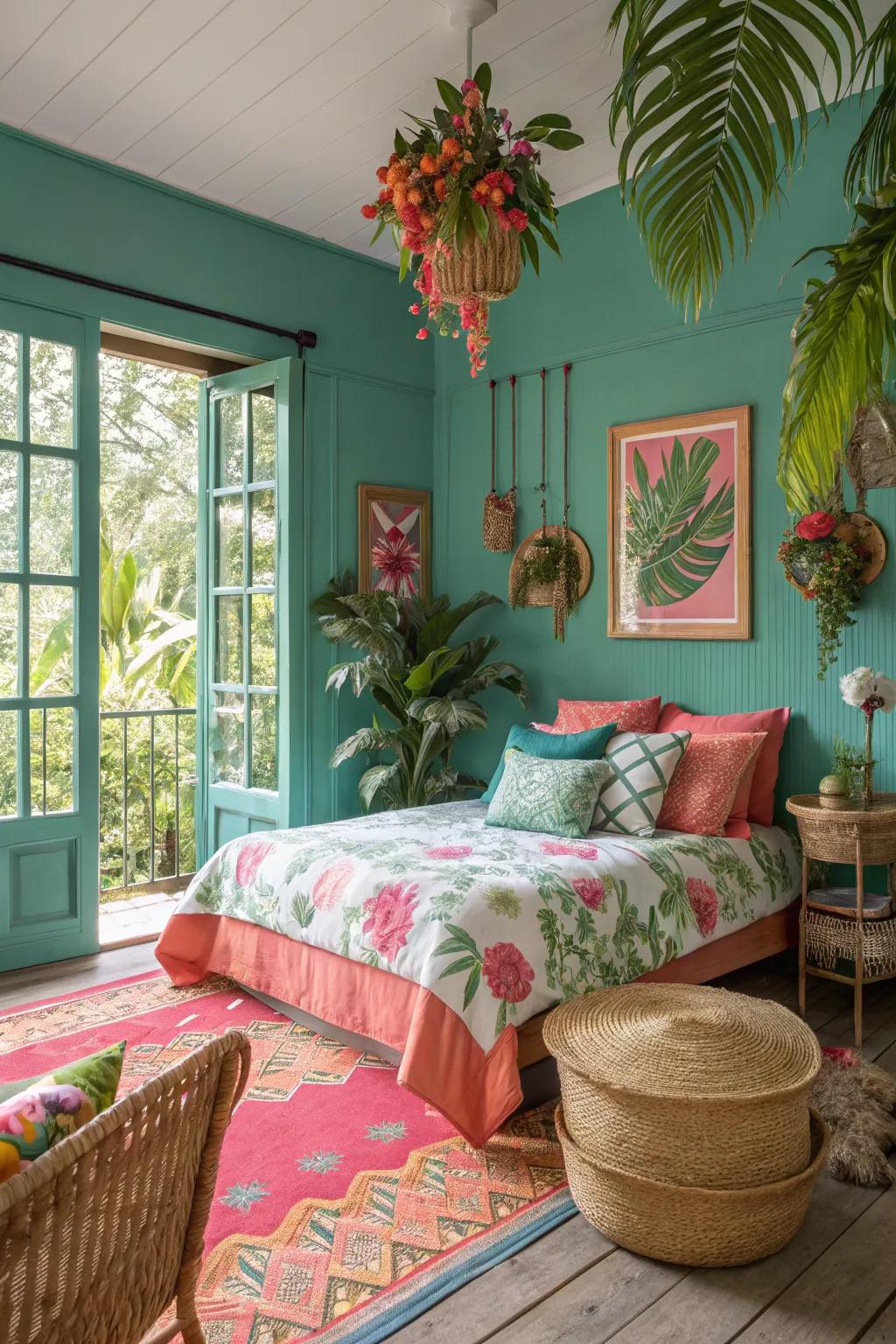 A tropical-inspired bedroom with vibrant and refreshing elements.